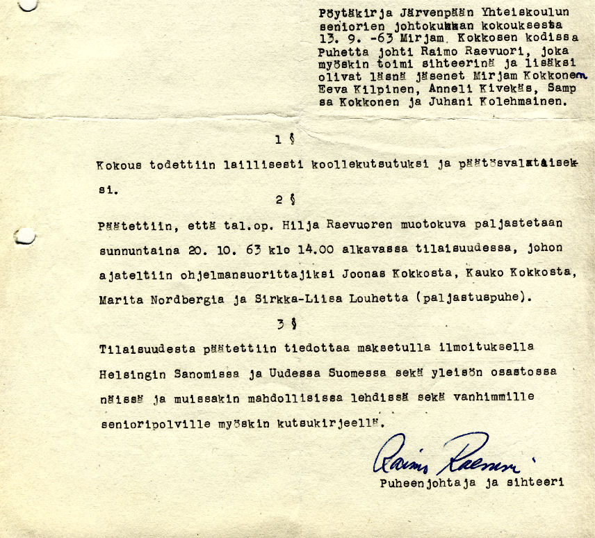 Johtokunnan kokous 13.9.1963