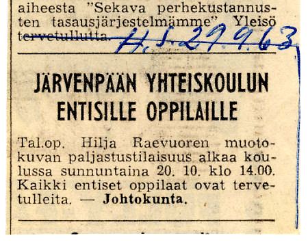 Hesarin ilmoitus 29.9.1963