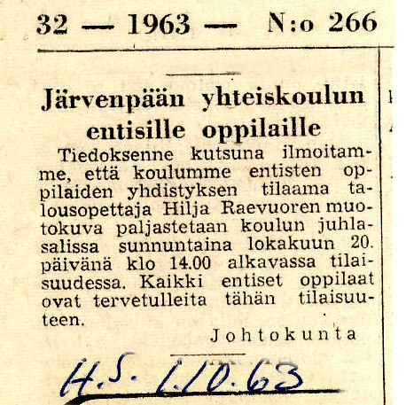 Hesarin ilmoitus 1.10.1963